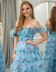 Blue A Line Strapless Tiered Long Prom Dress With Feathers
