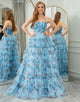 Blue A Line Strapless Tiered Long Prom Dress With Feathers