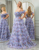 Blue A Line Strapless Tiered Long Prom Dress With Feathers