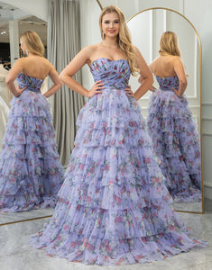 Blue A Line Strapless Tiered Long Prom Dress With Feathers