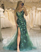 Sparkly Dark Green Mermaid Spaghetti Straps Prom Dress With Split