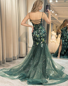Sparkly Dark Green Mermaid Spaghetti Straps Prom Dress With Split