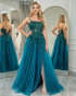 Dark Green A Line Tulle Long Prom Dress With Appliques