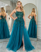Dark Green A Line Tulle Long Prom Dress With Appliques