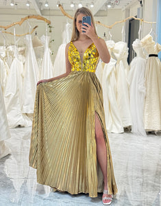 Glitter Golden A-Line Long Mirror Prom Dress