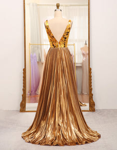 Glitter Golden A-Line Long Mirror Prom Dress