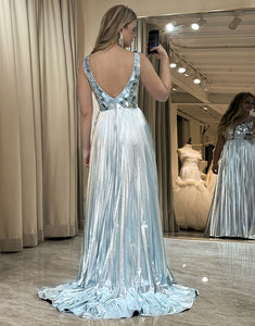 Glitter Silver A-Line Long Mirror Prom Dress