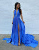 A-Line Blue Halter Ruched Slit Prom Dress with Chapel Train