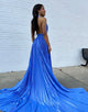 A-Line Blue Halter Ruched Slit Prom Dress with Chapel Train