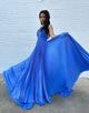 A-Line Blue Halter Ruched Slit Prom Dress with Chapel Train