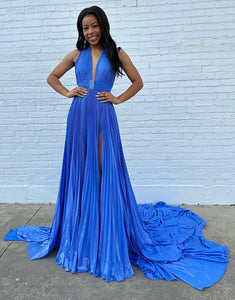 A-Line Blue Halter Ruched Slit Prom Dress with Chapel Train