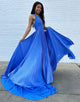 A-Line Blue Halter Ruched Slit Prom Dress with Chapel Train