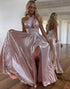 Light Pink A Line Long Prom Dress With Slit