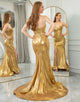 Glitter Golden Mermaid Off The Shoulder Long Prom Dress With Slit