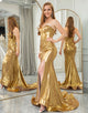 Glitter Golden Mermaid Off The Shoulder Long Prom Dress With Slit