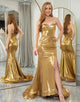 Glitter Golden Mermaid Off The Shoulder Long Prom Dress With Slit