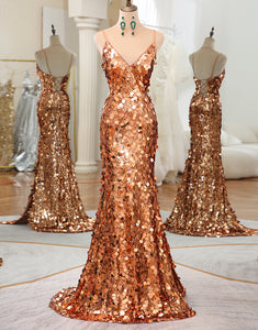 Rose Golden Sequin Silk Long Prom Dress