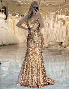 Sparkly Rose Golden Mermaid Long Prom Dress With Split