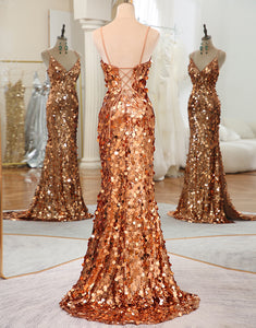 Rose Golden Sequin Silk Long Prom Dress