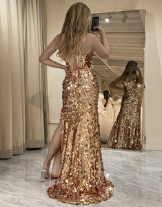 Sparkly Rose Golden Mermaid Long Prom Dress With Split