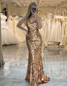 Sparkly Rose Golden Mermaid Long Prom Dress With Split