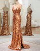 Rose Golden Sequin Silk Long Prom Dress