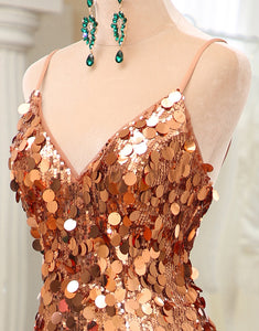 Rose Golden Sequin Silk Long Prom Dress