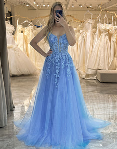 Blue A Line Tulle Long Prom Dress With Appliques