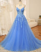 Blue Spaghetti Strap Long Prom Dress With Appliqué