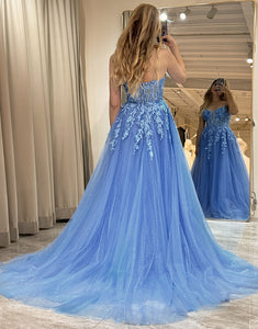 Blue A Line Tulle Long Prom Dress With Appliques