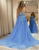 Blue A Line Tulle Long Prom Dress With Appliques