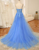 Blue Spaghetti Strap Long Prom Dress With Appliqué