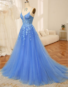 Blue Spaghetti Strap Long Prom Dress With Appliqué