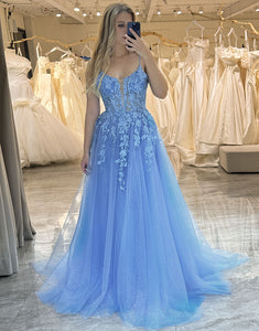 Blue A Line Tulle Long Prom Dress With Appliques