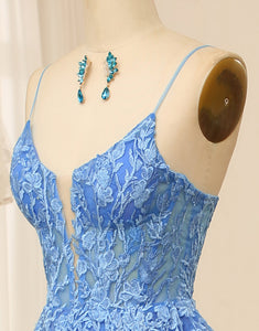 Blue Spaghetti Strap Long Prom Dress With Appliqué