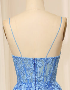 Blue Spaghetti Strap Long Prom Dress With Appliqué