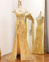 Sparkly Mermaid Off The Shoulder Golden Corset Prom Dress with Slit