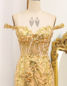 Sparkly Mermaid Off The Shoulder Golden Corset Prom Dress with Slit