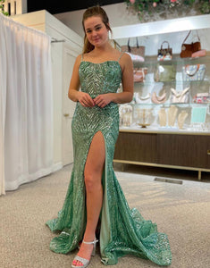 Glitter Green Mermaid Long Prom Dress With Slit