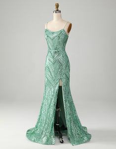Glitter Green Mermaid Spaghetti Strap Long Prom Dress With Slit