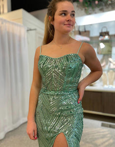 Glitter Green Mermaid Long Prom Dress With Slit