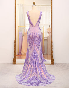 Sparkly Purple Mermaid V-Neck Long Prom Dress With Sequins