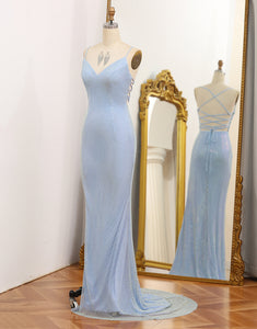 Mermaid Blue Long Prom Dress with Slit