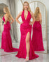 Sparkly Fuchsia Mermaid V Neck Long Prom Dress With Slit
