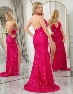 Sparkly Fuchsia Mermaid V Neck Long Prom Dress With Slit