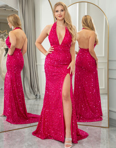 Sparkly Fuchsia Mermaid V Neck Long Prom Dress With Slit