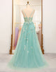 Green A Line Tulle Appliqued Long Prom Dress With Slit