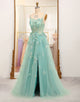 Green A Line Tulle Appliqued Long Prom Dress With Slit