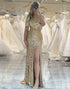 Sparkly Golden One Shoulder Long Prom Dress With Split