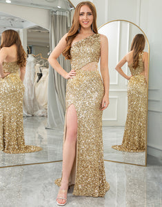 Glitter Golden One Shoulder Long Prom Dress With Split